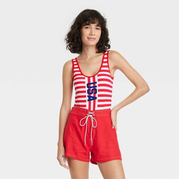 Isaac Morris Tops - Isaac Morris Red & White Striped Patriotic USA Print Pull On Bodysuit -- Size XS